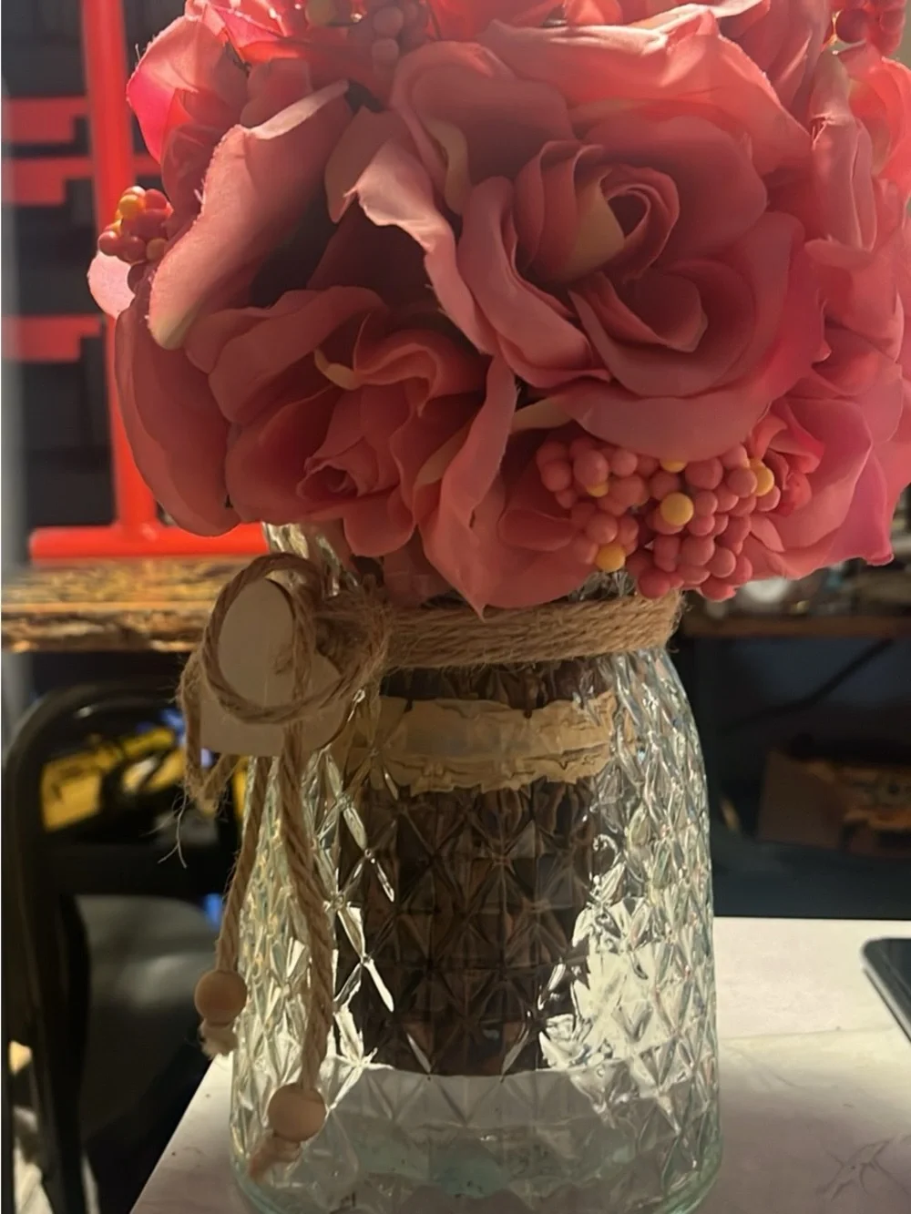 Pink Artificial Rose Bouquet in Textured Glass Vase with Jute Accent 143